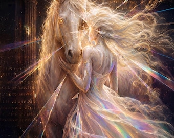 Könnte beinhalten: Eine digitale Illustration mit einem leuchtenden weißen Pferd und einer Figur mit langem, fließendem Haar, die ein schimmerndes, irisierendes Kleid trägt. Die Szene ist gefüllt mit leuchtenden Lichtsplittern, prismatischen Regenbogenreflexen und goldenen Schriftzeichen.