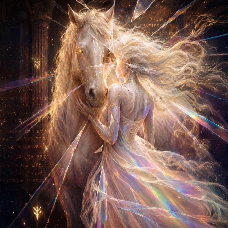 May include: A digital illustration featuring a luminous white horse and a figure with long flowing hair wearing a shimmering iridescent gown. The scene is filled with glowing shards of light, prismatic rainbow reflections, and ancient golden script.