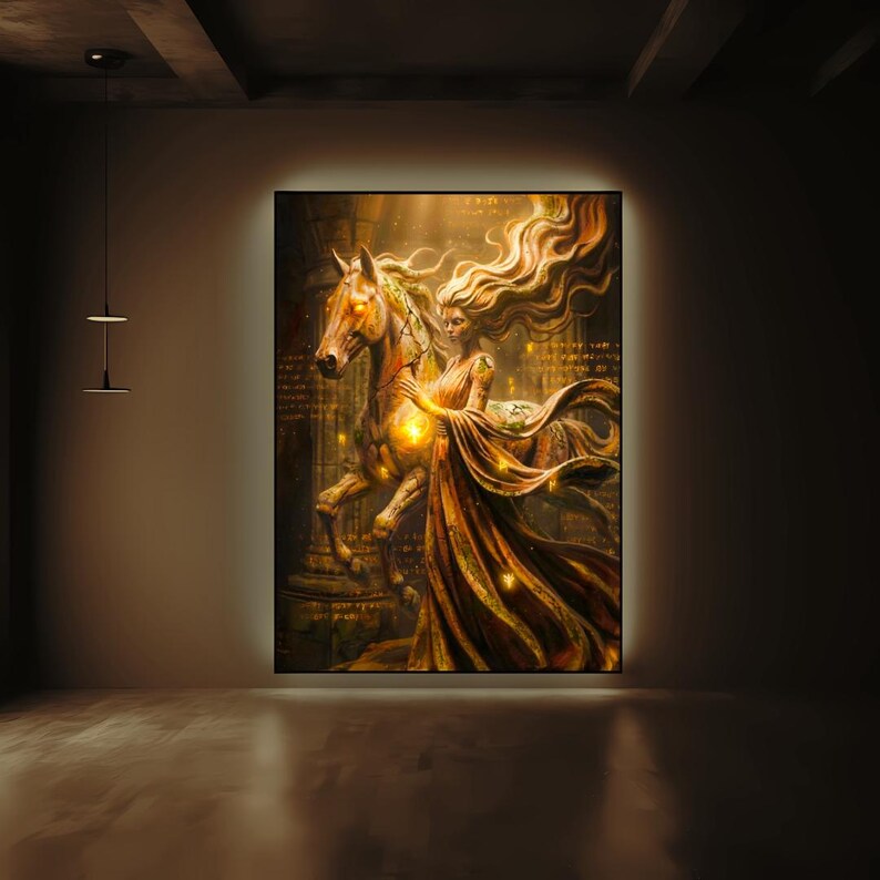May include: A rectangular wall art print featuring a golden-toned illustration of a figure with long flowing hair standing beside a horse. The scene is illuminated by glowing light accents against a dark, textured background with faint script.