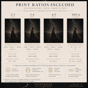 May include: A digital art print guide displaying four aspect ratios: 2:3, 3:4, 4:5, and ISO-A. Each section lists recommended print sizes in inches, file dimensions in pixels, and maximum print sizes at 300 DPI. The artwork features a person standing under a lightning-filled sky.