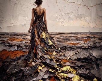 May include: A figure seen from behind wearing a sleeveless gown with a textured, layered skirt in shades of black, charcoal, and metallic gold. The garment features a long, flowing train that blends into a cracked, dark, and earthy ground surface.