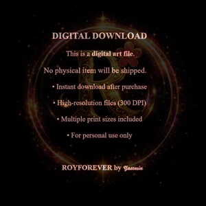 May include: A digital download art file notice with rose gold text on a dark background. The text reads: DIGITAL DOWNLOAD, This is a digital art file. No physical item will be shipped. Instant download after purchase, High-resolution files (300 DPI), Multiple print sizes included, For personal use only, ROYFOREVER by Yasemin.