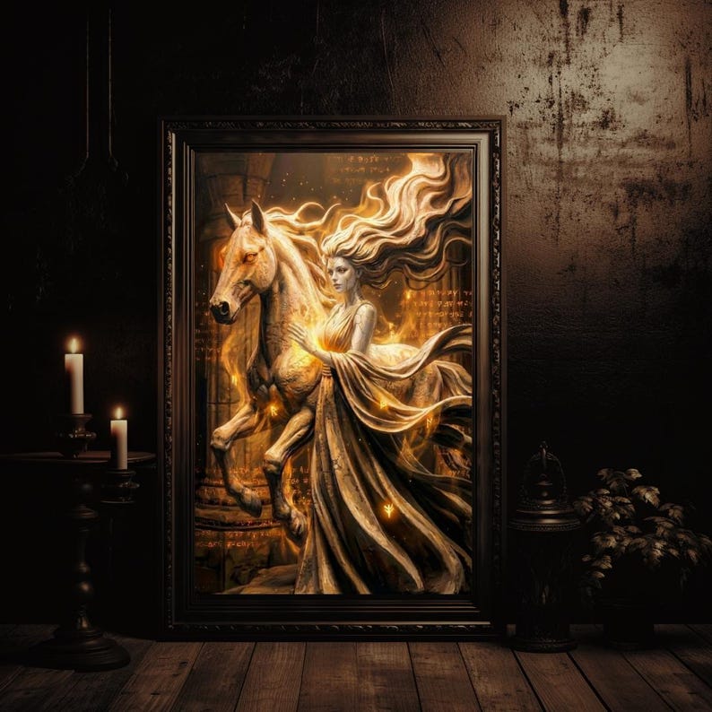 May include: A framed artwork shows a woman with flowing hair and a gown, embracing a horse. The artwork is in warm gold and brown tones, with a dark background. Two lit candles sit on a small table to the left.