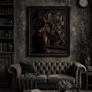 May include: A framed wall art print depicting a person in a dark velvet garment looking into an ornate, weathered mirror. The reflection shows a distorted, aged version of the person. A single lit candle sits on a table in front of the mirror.