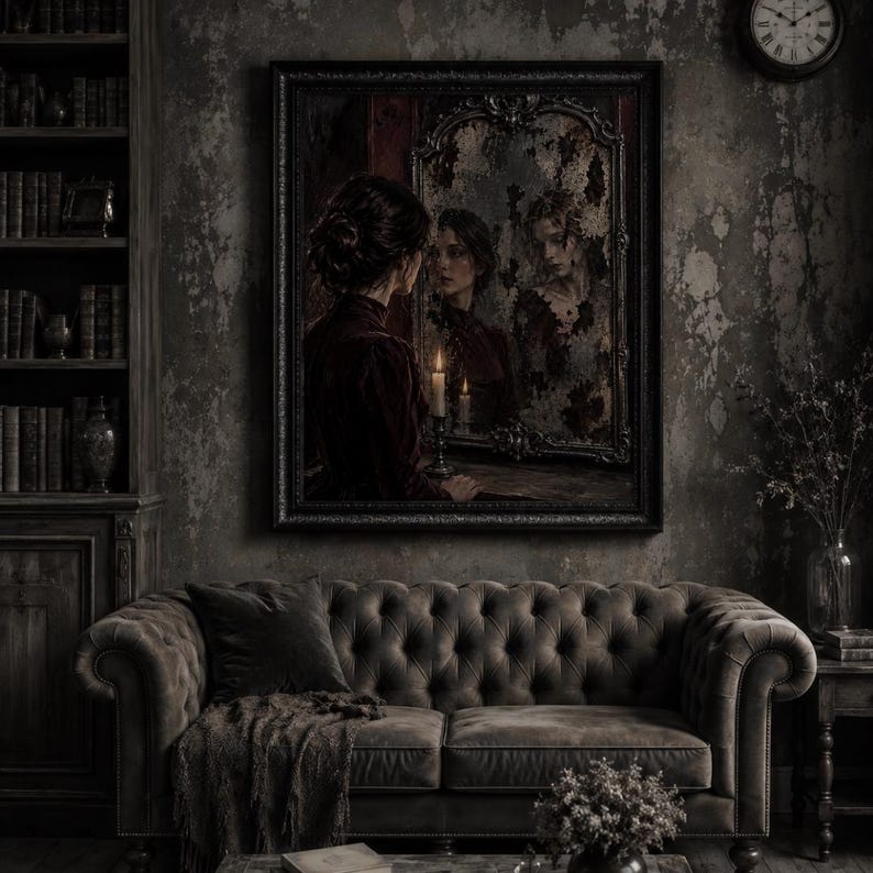 May include: A framed wall art print depicting a person in a dark velvet garment looking into an ornate, weathered mirror. The reflection shows a distorted, aged version of the person. A single lit candle sits on a table in front of the mirror.