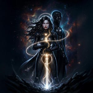 以下が含まれることがあります： 宇宙を背景に、黒いスーツを着た2人の人物を描いたデジタルアート。中心人物である女性は、光る剣を持っています。剣から金色の光が放たれ、人物を包み込み、劇的な効果を生み出しています。