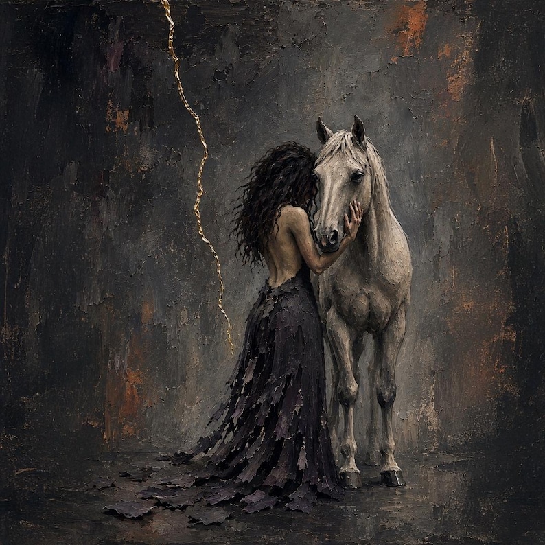 Pu&ograve; includere: Un dipinto a olio che raffigura una persona con lunghi capelli scuri che indossa un abito nero logoro accanto a un cavallo bianco. Una sottile linea dorata verticale scende dall'alto su uno sfondo scuro, strutturato e color antracite.