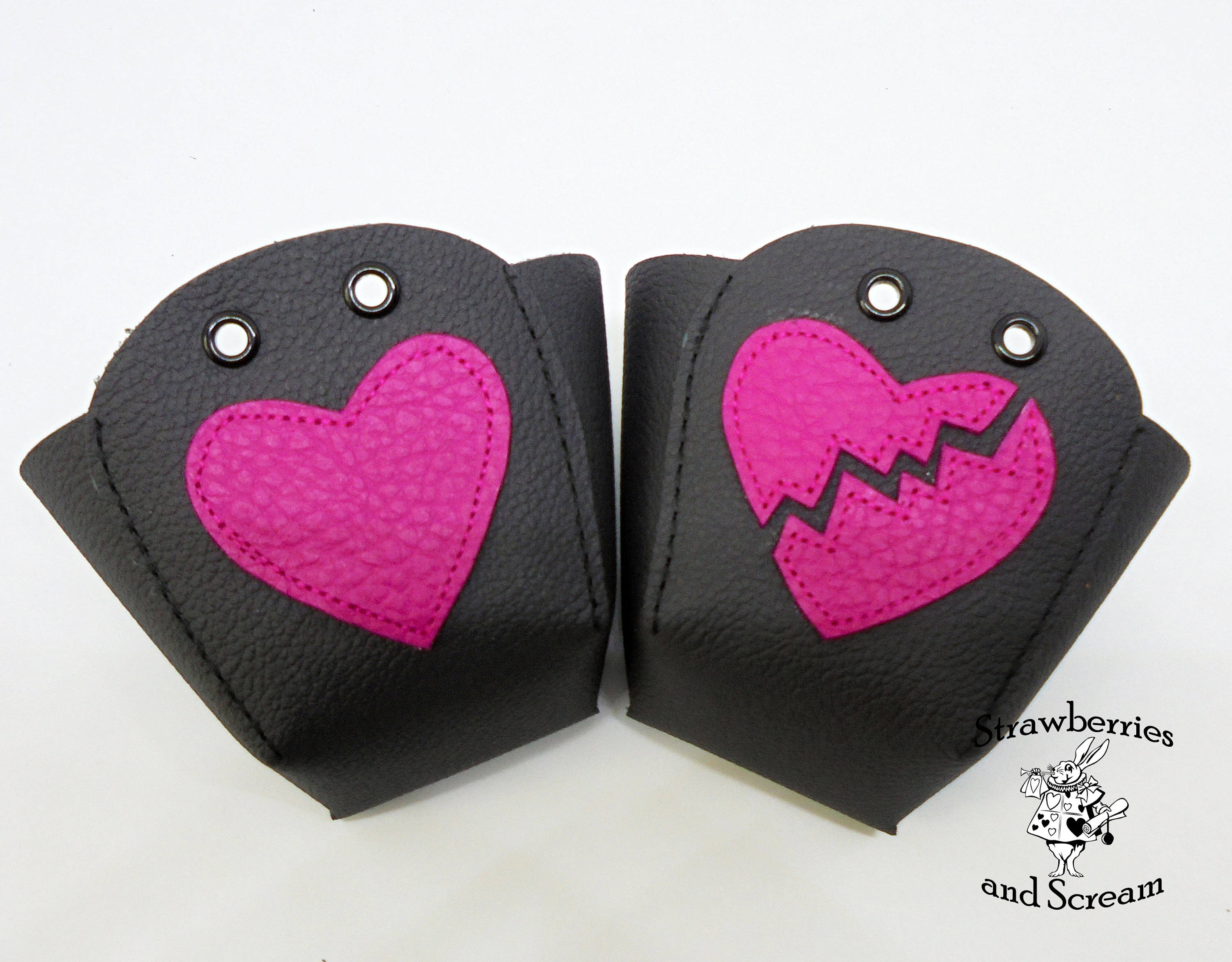 Black leather Roller Derby Skate Toe Guards with Broken Heart