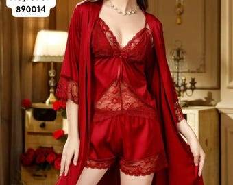 Damen Satin Spitze Nachtwäsche Set - 3-teilige Nachtwäsche mit Robe, Braut & Flitterwochen Geschenk