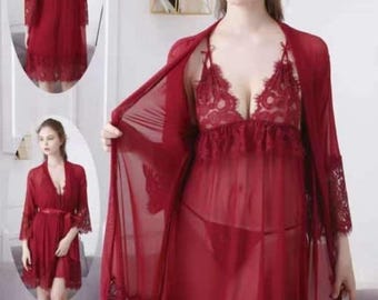 Damen Nachtwäsche Set aus Spitze mit Morgenmantel – Elegantes Nachtkleid & Bequeme Nachtwäsche