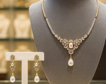 Handgefertigte Perle und Kristall Brautschmuck Set: Vergoldete Hochzeitskette