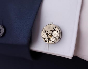 Steampunk Gear Cufflinks • Handmade Retro Watch Movement Cuff Links