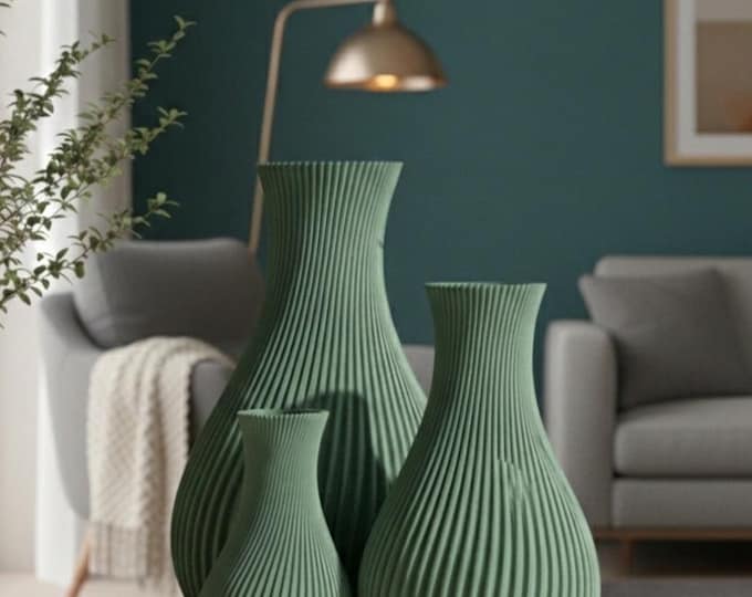 Featured listing image: Set of 3 Fluted Vases - Modern Ribbed Trio Vase - 19cm x 14cm x 9cm