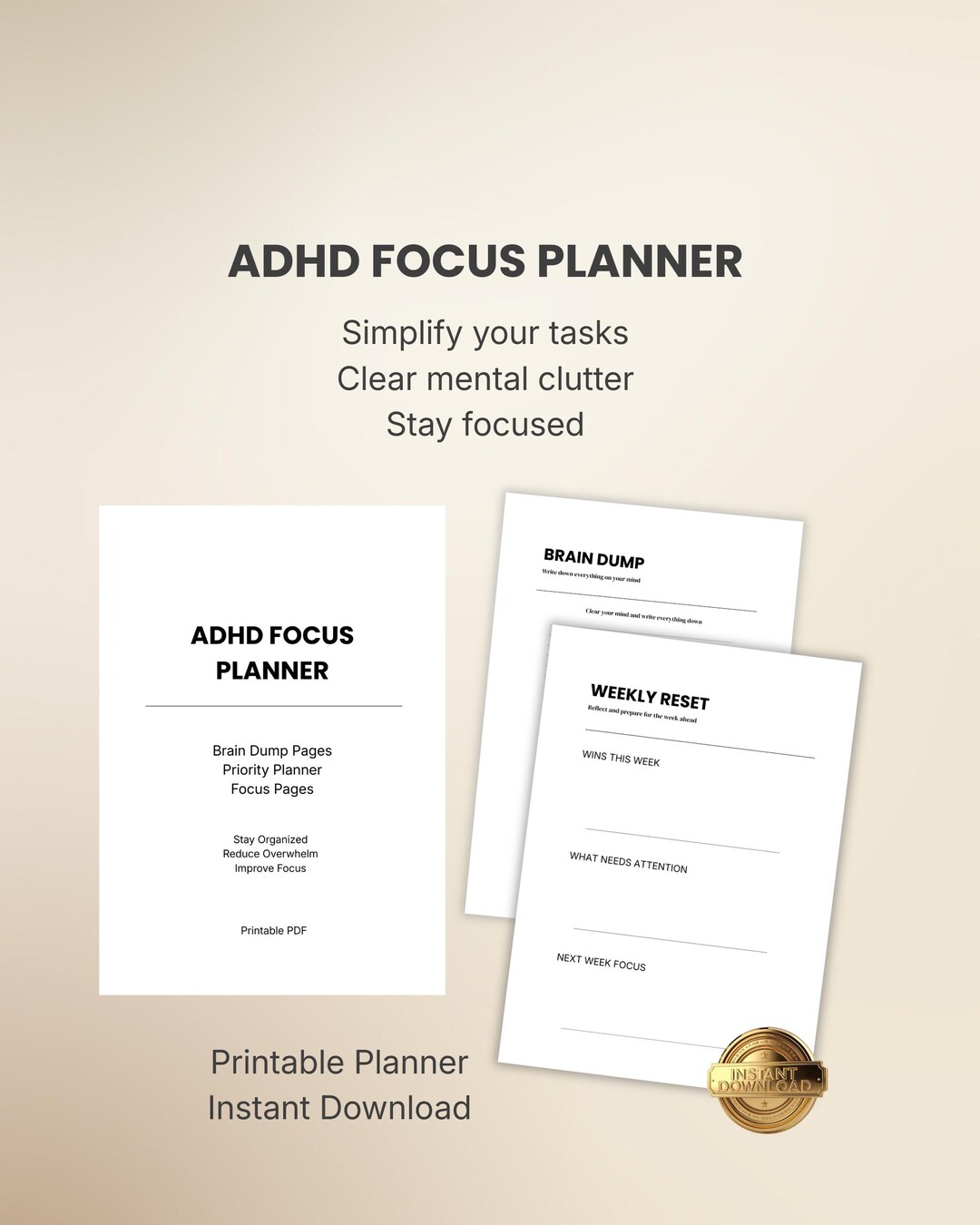 ADHD Focus Planner Printable PDF | Brain Dump Planner | Minimalist ...