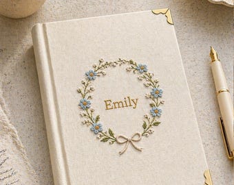 Embroidered Botanical Monogram Custom Notebook, Unique Anniversary Gift for Bestie