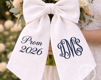 Embroidered Prom 2026 Custom Sash, Elegant White Linen Style, DMS Monogram Art, Unique Graduation or Senior Dance Keepsake Gift