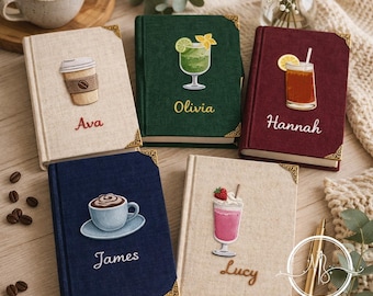 Embroidered Custom Beverage Illustration Notebook, Elegant Hardcover Journal Style, Custom Name Script Content, Birthday or Friendship Gift