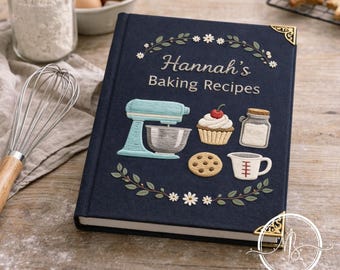 Embroidered Baking Recipes Custom Notebook, Custom Hand-Stitched Vintage Flower Wreath Art, Birthday Keepsake Gift