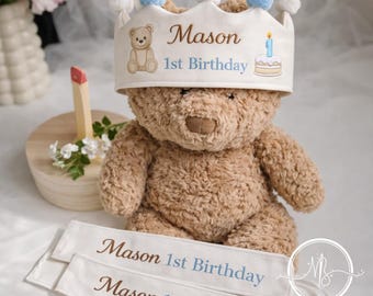 Embroidered 1st Birthday Custom Baby Crown, 1st Baby Personalized Baby Sash, Cream Fabric Bear and Cake Style, Unique First Birthday Gift