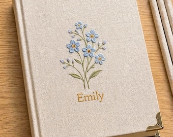 Embroidered Forget-me-not Emily Personalized Notebook, Custom Birthday Gift for Her