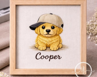 Embroidered Cooper Golden Retriever Custom Frame, Cute Puppy with Baseball Cap Style, Hand-Stitched Animal Art, Nursery Keepsake Gift