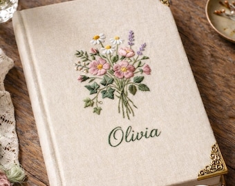 Embroidered Custom Name Notebook, Minimalist Botanical Floral Style, Delicate Wildflower Illustration, Personalized Keepsake Gift