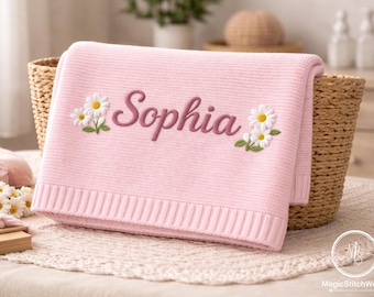 Embroidered White Daisies & Pink Script Custom Knit Blanket, Floral Nursery Content Theme, Personalized Newborn Style, Gift for Baby