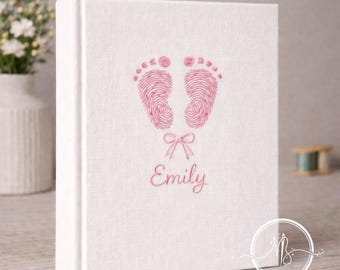Embroidered Baby Footprint Custom Photo Album, Minimalist White Linen Nursery Style, Pink Feet and Bow Content, Unique Newborn Keepsake Gift