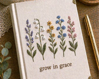 Embroidered Bloom With Purpose Floral Custom Notebook, Personalized Inspirational Gift for Her