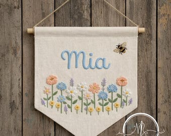Embroidered Baby Custom Floral Banner, Bee and Name Linen Flag, Nursery Wall Hanging, Baby Room Decor, Sweet Gift for Newborn and Kids