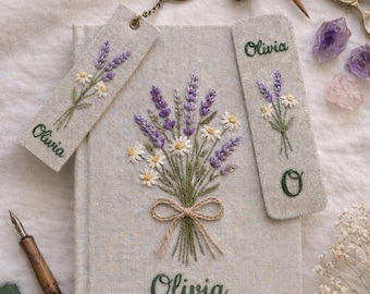 Embroidered Sweet Lavender Custom Notebook, Aesthetic Linen Stationery Style, Notebook Bookmark and Keychain Art, Unique Graduation Gift