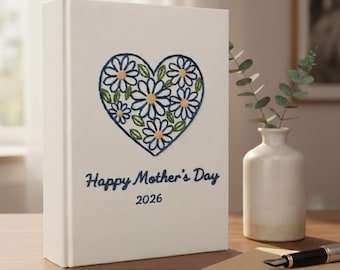 Custom Mother's Day Embroidery Photo Album, Personalized Daisy Heart Memory Book, Hand Embroidered Linen Scrapbook, Special Gift for Mom