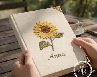 Custom Sunflower Embroidered Notebook, Personalized Name Fabric Journal, Anna Embroidered Book Cover, Unique Gift for Her