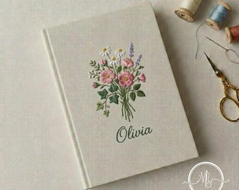 Embroidered Custom Name Notebook, Minimalist Botanical Floral Style, Delicate Wildflower Illustration, Personalized Keepsake Gift