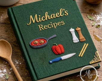 Embroidered Baking Recipes Custom Notebook, Rustic Linen Fabric Product, Colorful Culinary Tools Content, Newborn Gift Style