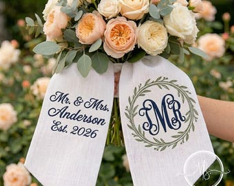 Embroidered Wedding 2026 Custom Sash Bow, Classic White Bow Product, Monogram and Olive Wreath Content, Gift for Bride and Groom Style