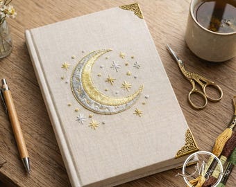Celestial Moon Embroidery Notebook, Gold and Silver Moon & Stars Hardcover Journal, Mystical Dream Diary, Celestial Lover Gift