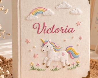 Embroidered Fantasy Unicorn Custom Photo Album, Memory Book for Newborn Gift
