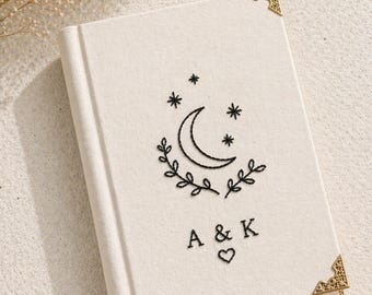 Embroidered Minimalist Crescent Moon Initial Custom Notebook, Romantic Couple Gift Style