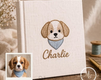 Embroidered Charlie Dog Custom Photo Album, Minimalist Cream Linen Style, Puppy Portrait with Blue Bandana Art, Unique Pet Lover Gift