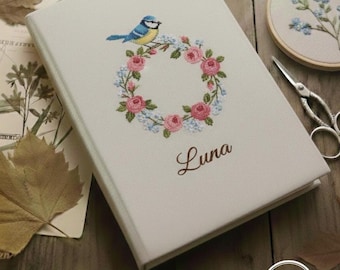 Personalized Bird & Wreath Embroidery Notebook, Custom Floral Bird Hardcover Journal, Bluebird Aesthetic Diary, Unique Gift for Gardeners
