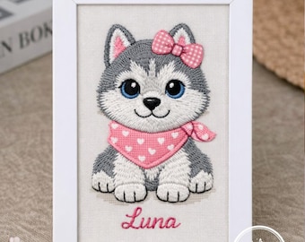 Embroidered Custom Name Pet Frame, Elegant White Wood Product, Husky Portrait with Pink Scarf Content, New Pet Souvenir Gift