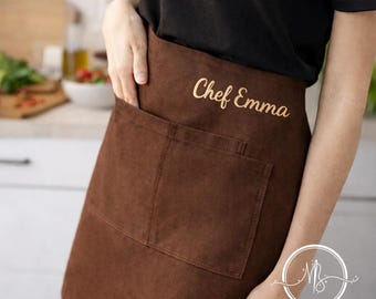 Embroidered Chef Navy Custom Waist Apron, Personalized Culinary Service Product, Practical Uniform Gift for Restaurant Kitchen Staff