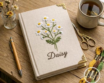 Custom Name Embroidered Notebook, Nature Flower Notebook, Personalized Floral Journal, Fabric Cover Diary, Custom Gift for Her