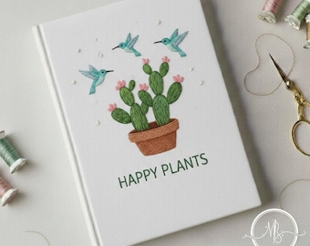 Embroidered Happy Plants Custom Notebook, Playful Botanical Desert Style, Potted Cactus with Hummingbird Illustration, Gift for Plant Lovers