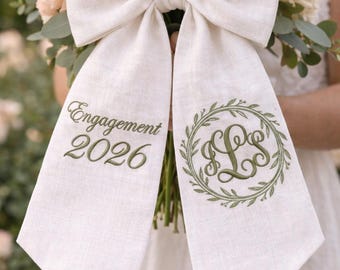 Embroidered Monogram Custom Sash Bow, Elegant White Linen Engagement 2026 Product, Olive Green Wreath Content, Bridal Shower Keepsake Style