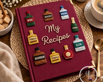 Embroidered Spirits and Liquors Custom Notebook, Vintage Bar Decor Journal Style, Kitchen Tools Content, Special Symbolic Wine Lover Gift
