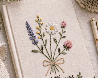 Embroidered Wildflowers Bouquet Custom Notebook, Personalized Birthday Gift for Her