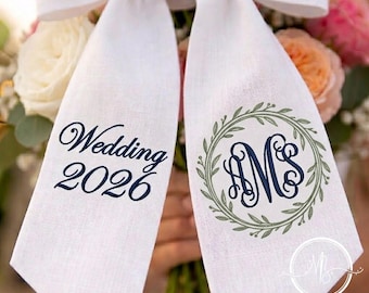 Embroidered Botanical Wreath Custom Sash Bow, Elegant White Linen Wedding Product, Navy Laurel Wreath Content, Romantic Bridal Shower Gift