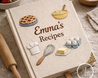 Embroidered Culinary Art Custom Notebook, Premium Linen Fabric Product, Hannah's Baking Recipes Content, Gift for Home Bakers